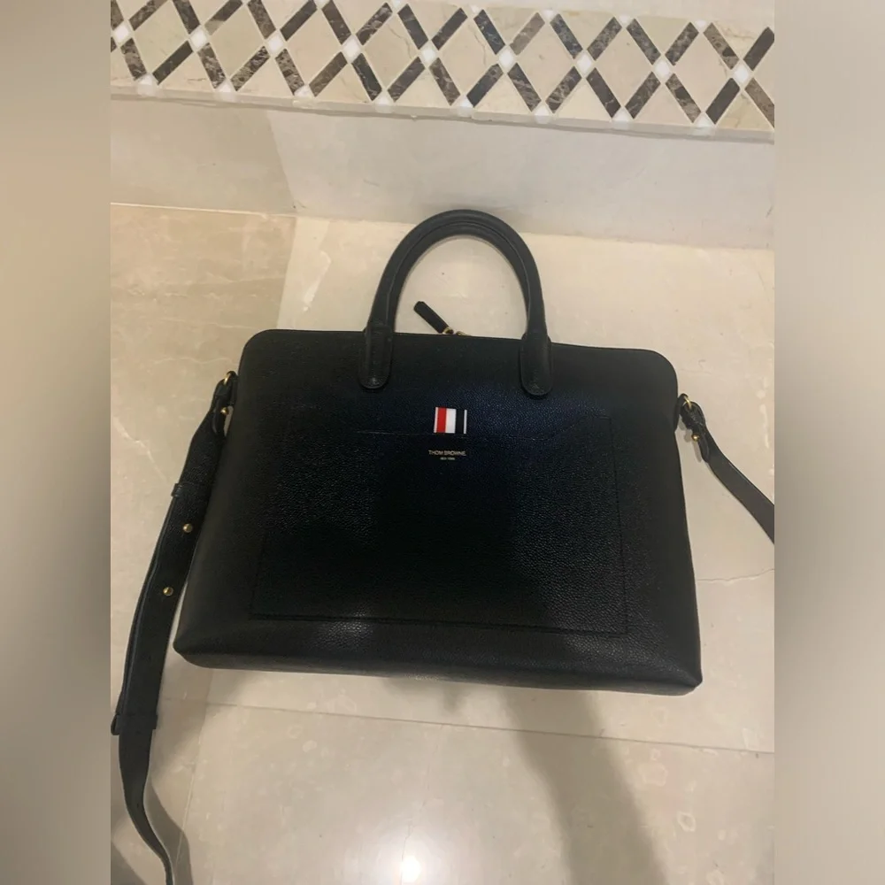 THOM BROWNE Black Pebble Grain Briefcase